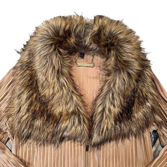 IMAN Leather and Faux Fur Collar Jacket Stripe Brown Women's Small (F-142) - Picture 4 of 8
